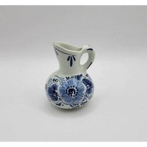 Vtg Delft Blue Holland Floral Miniature 3" Ceramic Pitcher Creamer Bud Vase